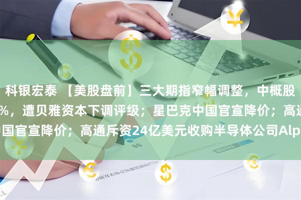 科银宏泰 【美股盘前】三大期指窄幅调整，中概股多数上涨；特斯拉跌逾2%，遭贝雅资本下调评级；星巴克中国官宣降价；高通斥资24亿美元收购半导体公司Alphawave